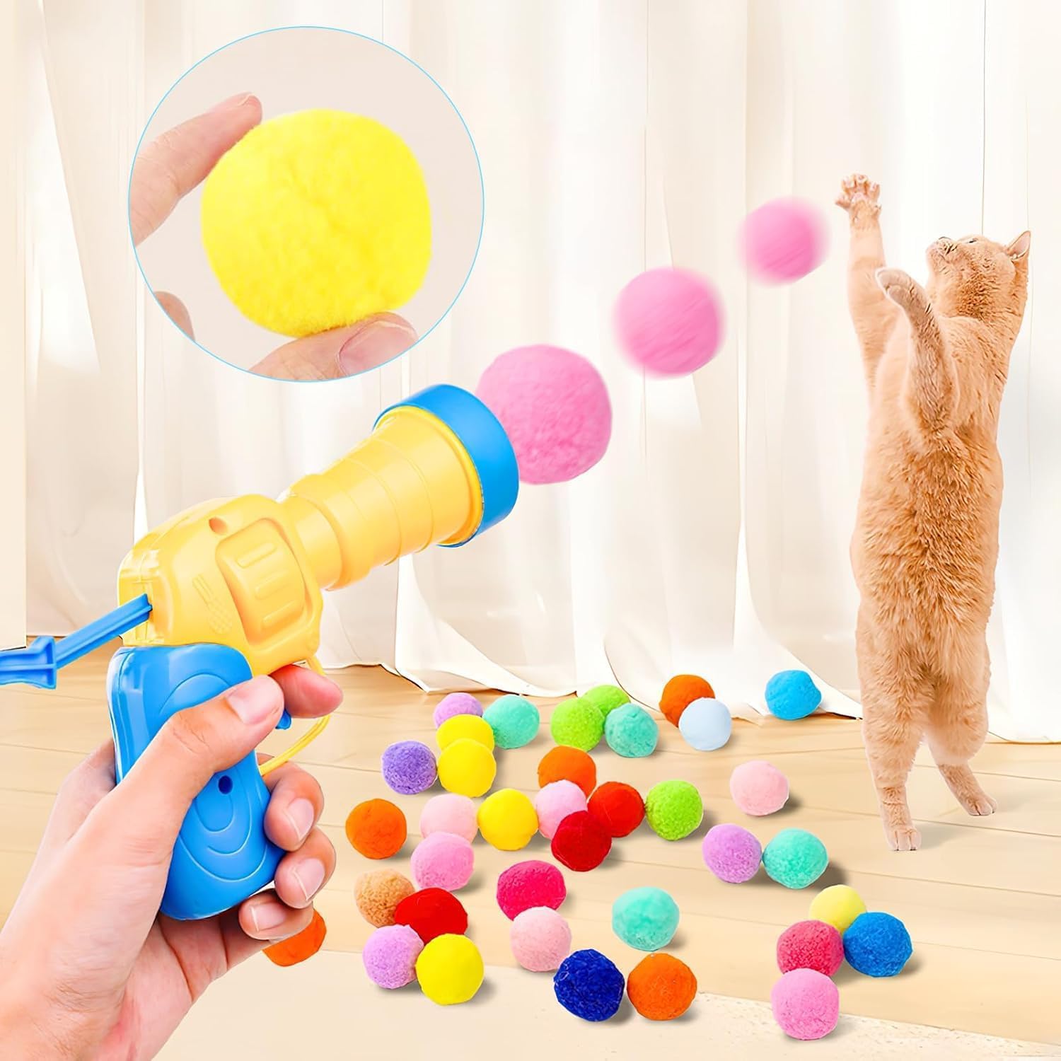 اسباب بازی گربه تفنگ پرتاب کننده توپک پوم پوم نرم (۱۵۰ عددی)