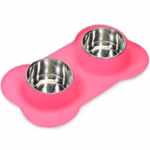 ظرف غذا سگ و گربه دوقلو استیل با زیرانداز ظرف سیلیکونی-صورتی