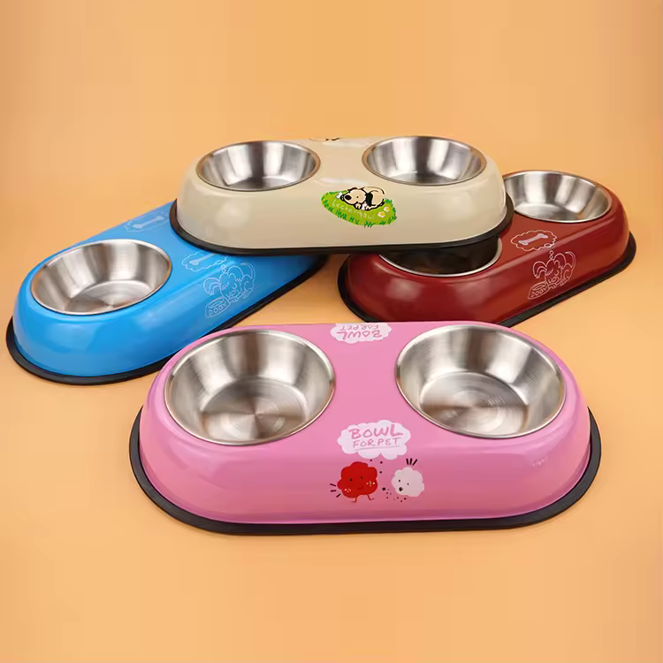 ظرف غذا سگ و گربه دوقلو استیل رنگی