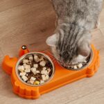 ظرف دوقلو سگ و گربه با کاسه استیل مدل خرچنگ-نارنجی