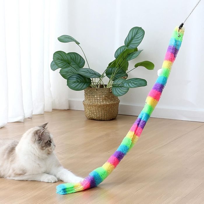 چوب بازی زنگوله دار گربه مخملی رنگارنگ (اسباب بازی تعاملی گربه)