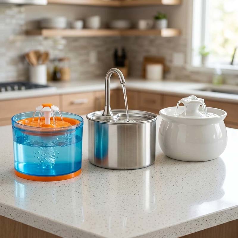 مقایسه انواع آبخوری اتوماتیک گربه: پلاستیکی، استیل یا سرامیکی؟ کدام بهتر است؟