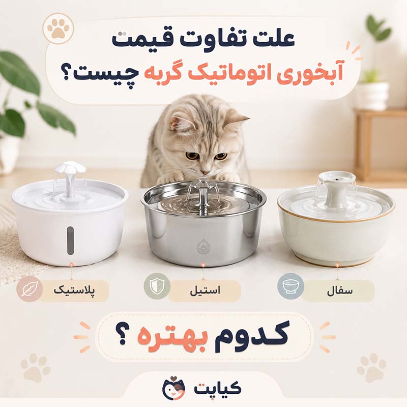 علت تفاوت قیمت آبخوری اتوماتیک گربه چیست؟ (مقایسه پلاستیک، استیل و سفال)